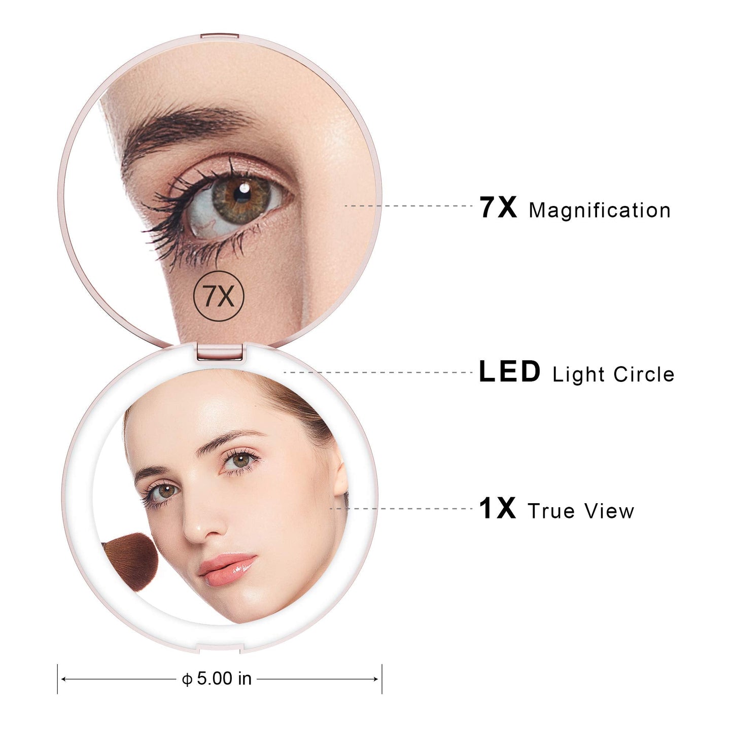 Benbilry LED Lighted Compact Travel Makeup Mirror with Lights, 1x/7x Magnification, 5 Inch Dual Sided Portable Illuminated - Perfect for Handbag Beauty & Personal Care Benbilry