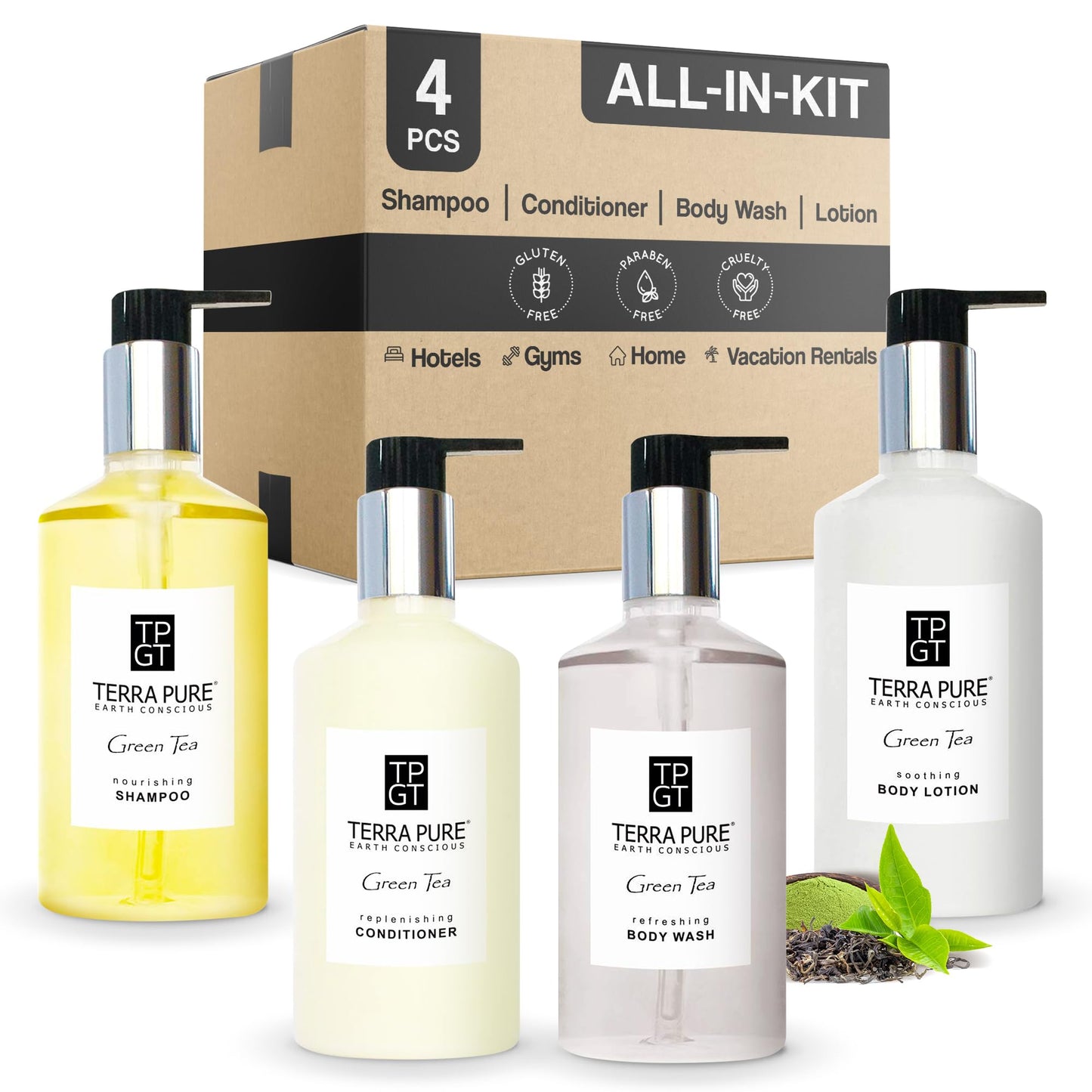 1-Shoppe Terra Pure Ecobox Amenities Kit | Green Tea Soap | Shampoo, Conditioner, Body Lotion, Body Wash | 10.14 oz | Hotel Toiletries Bulk Beauty & Personal Care Terra Pure