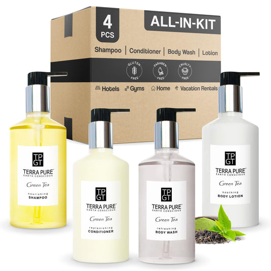 1-Shoppe Terra Pure Ecobox Amenities Kit | Green Tea Soap | Shampoo, Conditioner, Body Lotion, Body Wash | 10.14 oz | Hotel Toiletries Bulk Beauty & Personal Care Terra Pure