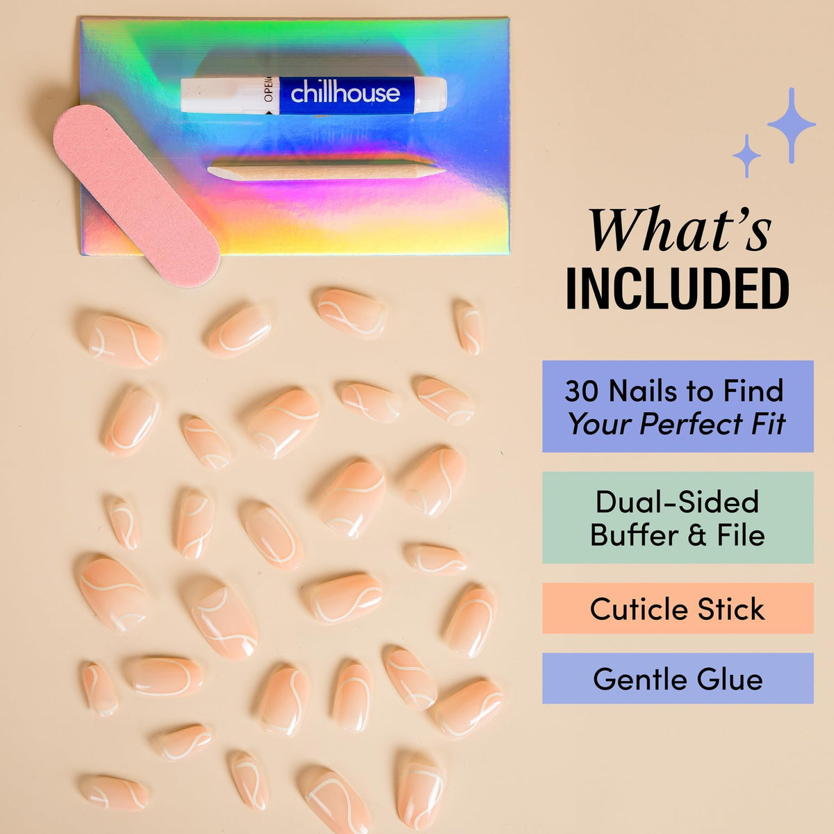 Chillhouse - Chill Tips, Press on Nails Kit - Pirouette (Oval) - 30 Nail Shapes & Sizes - Up to 2 Weeks of Wear - Customizable Fit - Reusable - Latina
