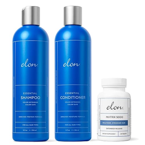 Elon Complete Kit for Thinning Hair - Elon Essential Shampoo and Conditioner Set + Matrix 5000 Hair Growth Supplement - NO Sulfates, Parabens or Beauty & Personal Care Elon