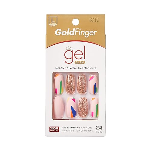 Gold Finger Gel Glam Design Nail Press On Nails, Gel Nail Kit, Polish Free Manicure Long Length Beauty & Personal Care Goldfinger