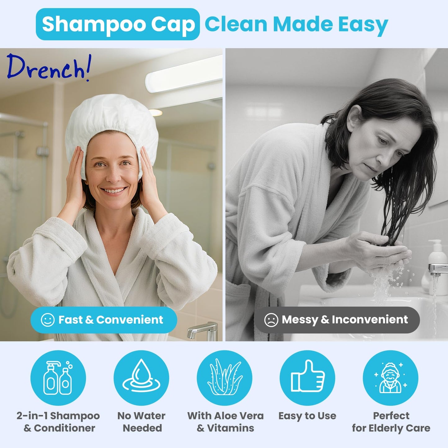 Drench No Water Hair Washing Cap - Waterless Shower Caps with Shampoo and Conditioner - Disposable Rinse Free Wash Aids - Ideal for Elderly Beauty and Personal Care Drench! Medical