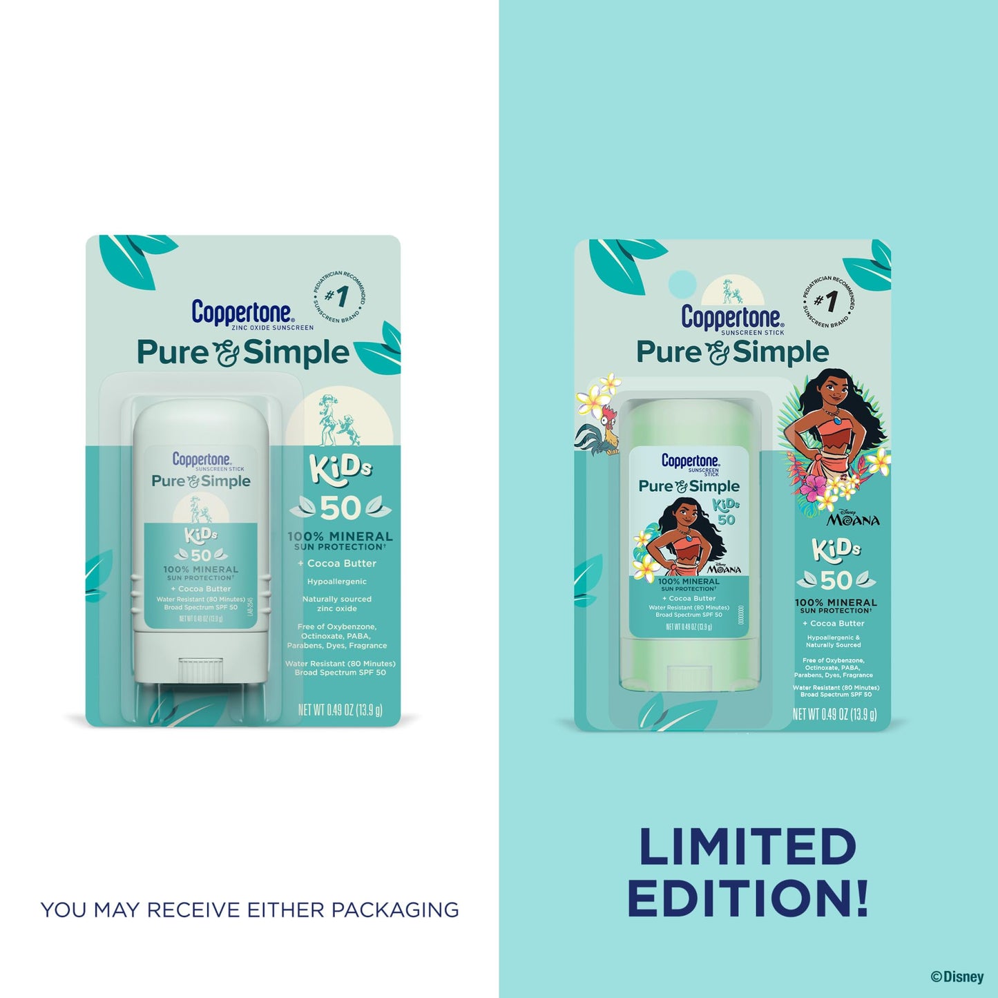 Coppertone Pure and Simple Kids Exclusive Disney Moana Sunscreen Stick SPF 50, Hypoallergenic, Mineral Sunscreen for Kids, Water Resistant, Oxybenzone Beauty & Personal Care Coppertone