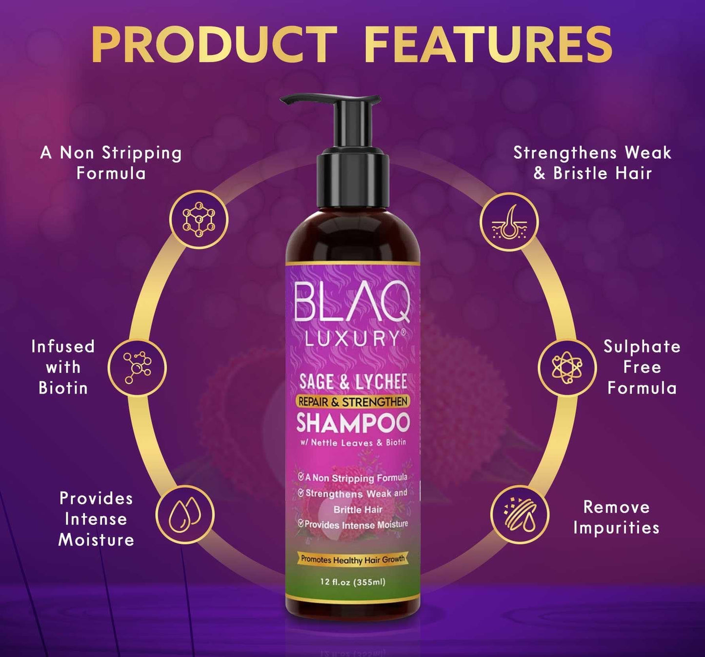 Blaq Luxury Sage & Lychee Repair and Strengthen Shampoo - Infused with Biotin and Nettle - Sulfate-Free Formula for All Hair Types - Promotes Hair Beauty & Personal Care Blaq Luxury