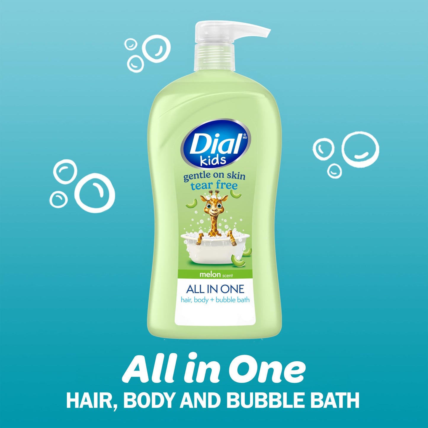 Dial Kids All-in-1 Body Wash + Hair + Bubble Bath, Melon Scent, 32 Fl Oz, Hypoallergenic Body Wash & Shampoo, No Tears Formula for Kids 2+ Years, No Beauty & Personal Care Dial