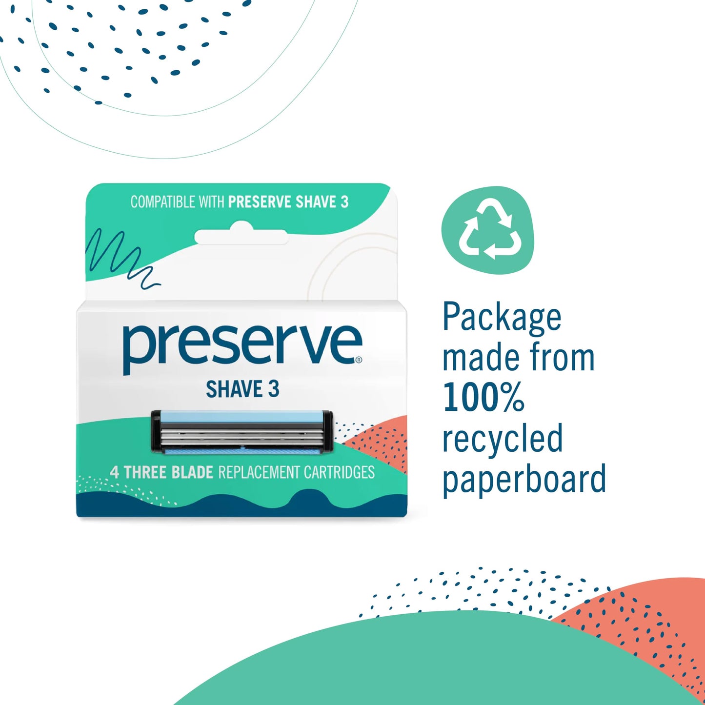Preserve Shave 3 Razor Blade Refills, Titanium-Coated 3 Blade Cartridges with Vitamin E & Aloe - Eco Friendly, Cruelty Free, Unisex Shaving for Face Beauty and Personal Care Preserve