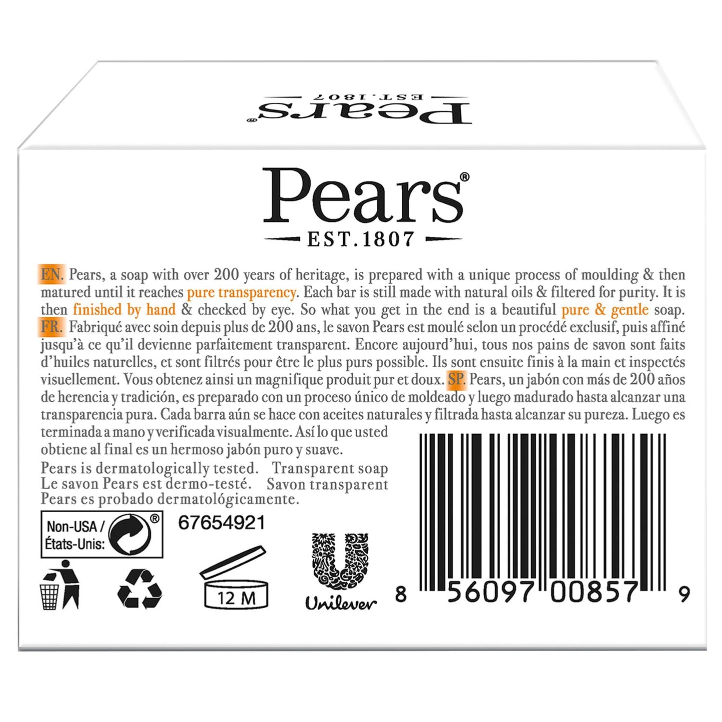 Pears Soap, Pure & Gentle with Natural Oils, 24-Pack - Transparent Amber Glycerin Soap for Pampered, Glowing Skin, 4.4 Oz Ea Beauty & Personal Care Pears
