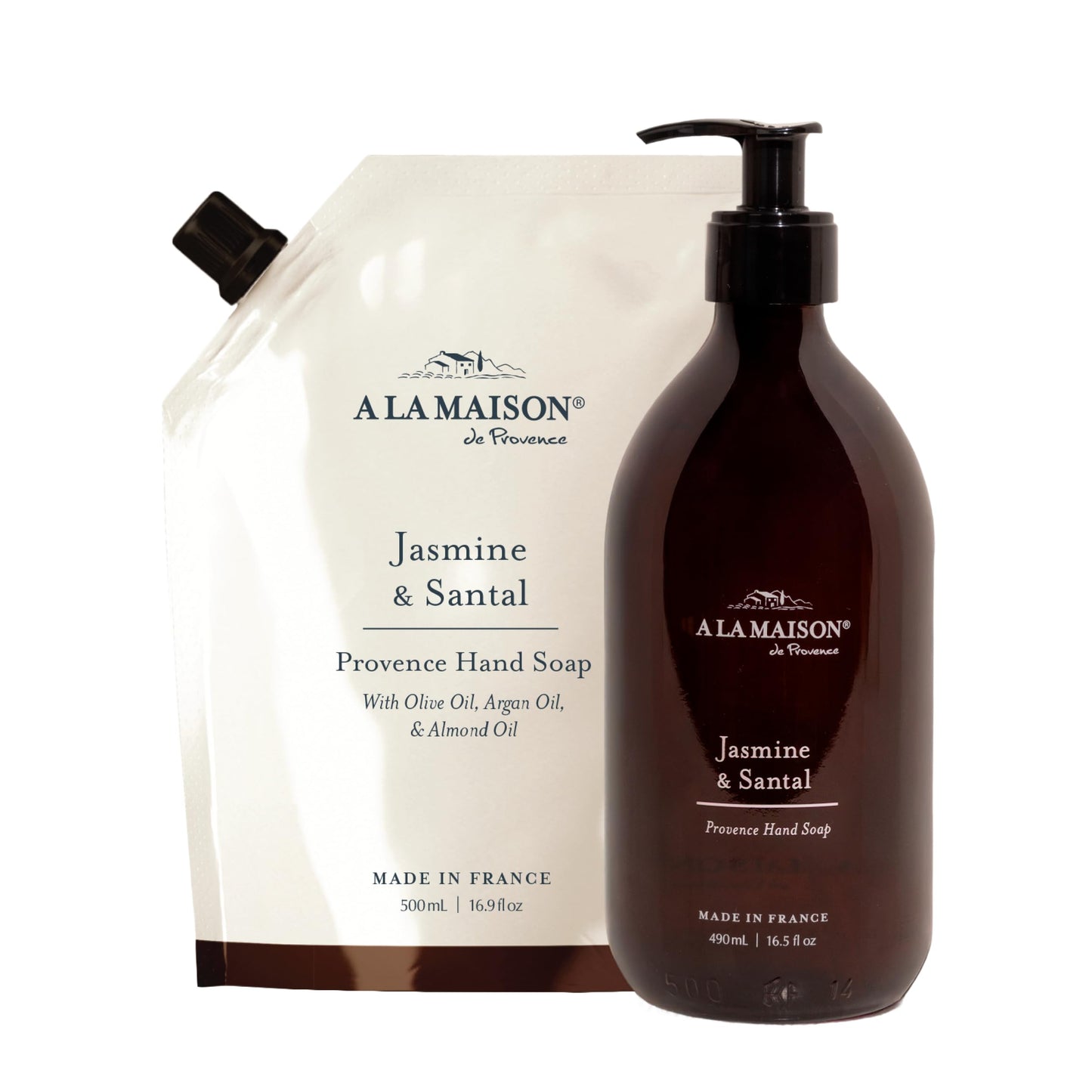 A LA MAISON Hand Soap Gift Set - Jasmine & Santal Refill Pouch - Glass Hand Wash, Eco-Friendly & Recyclable - Plant-Based, Made in France - 16.5 fl oz Beauty & Personal Care A LA MAISON