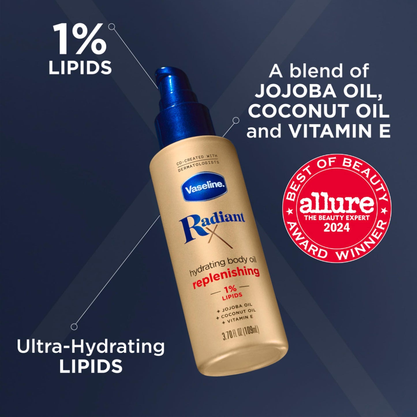 Vaseline Radiant X Replenishing and Hydrating Body Oil with 1% Lipids, Jojoba Oil, Coconut Oil, & Vitamin E 3.7 oz Beauty & Personal Care Vaseline