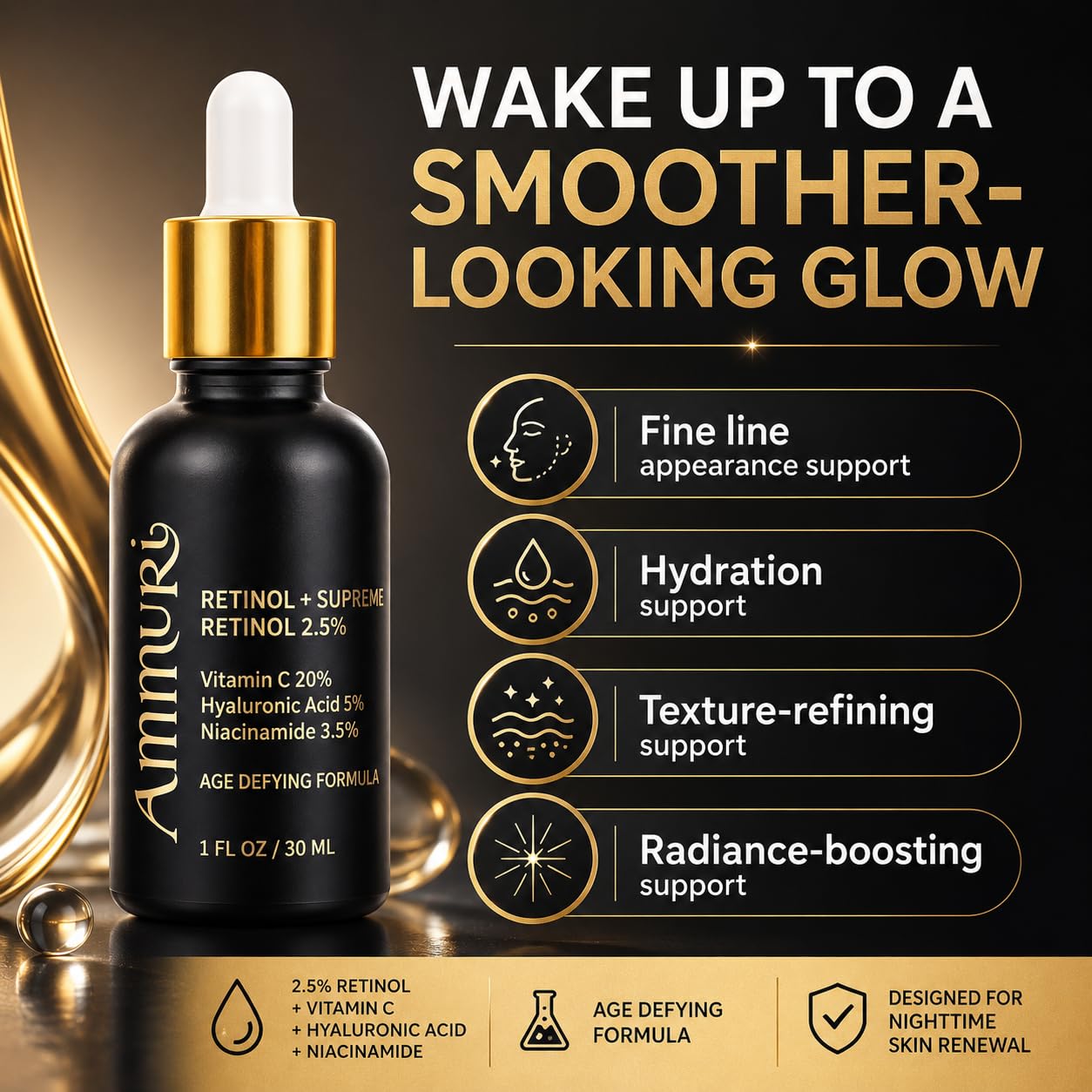 Ammuri Retinal + Supreme Anti-Aging Face Serum - Retinal, Hyaluronic Acid & Vitamin C Serum for Skin Care - Powerful Triple Combination for Youthful Beauty & Personal Care Ammuri