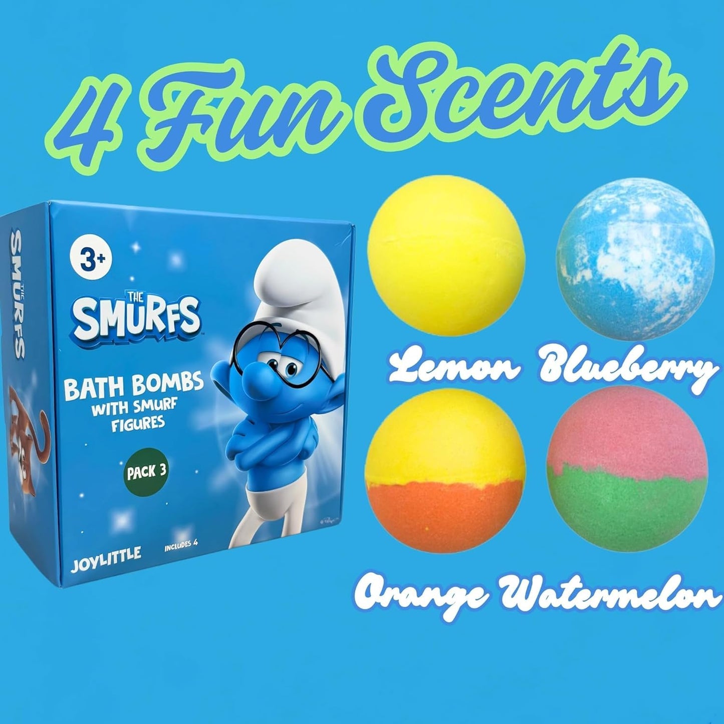 The Smurfs Bath Bombs with Action Figures-Brainy, Handy Smurf, Blossom, and Azrael (Pack 3) Beauty and Personal Care Joylittle