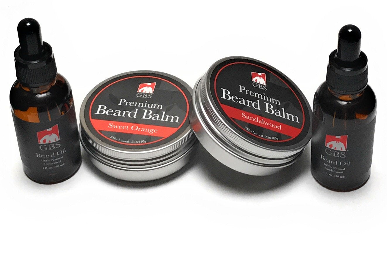 G.B.S Beard Taming Variety Set- 1 Sandalwood Beard Balm, 1 Sweet Orange Beard Balm, 1 Sandalwood Beard Oil and 1 Unscented Beard Oil, Pack of 4 Beauty and Personal Care G.B.S