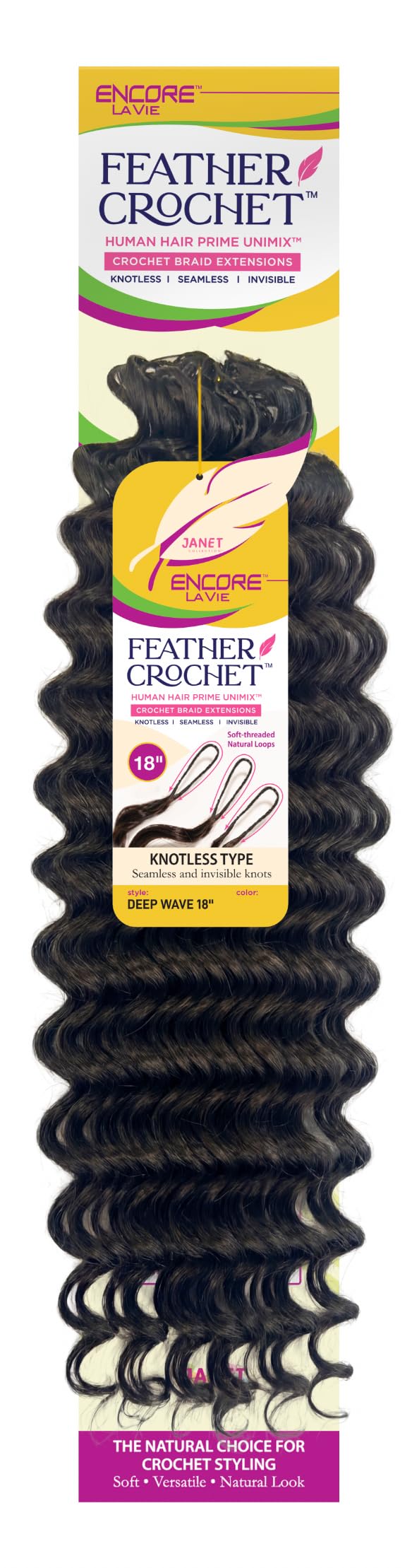 Janet Collection Encore Lavie Pre-Separated Feather Crochet Deep Wave 18" - Knotless Crochet Braid Extensions (color #1B)