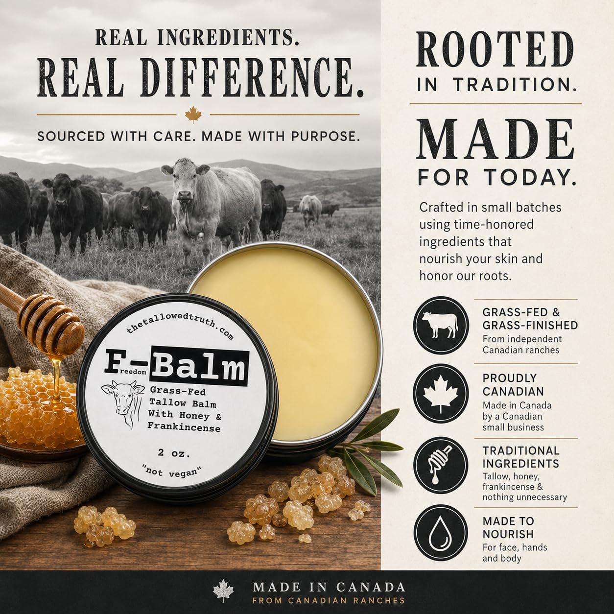 Tallowed Truth Original Tallow Balm - Grass-Fed Beef Tallow for Skin & Face - 5 Ingredient Moisturizer - 2 oz - Tallow Face Cream Made in Canada Beauty & Personal Care The Tallowed Truth