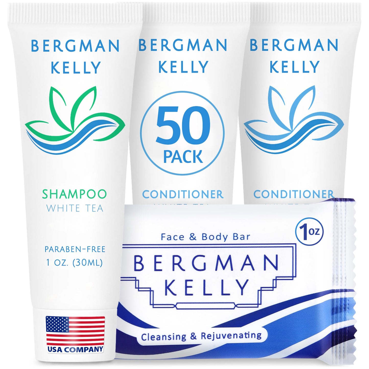 BERGMAN KELLY Rectangular Hotel Soap Bars, Shampoo & Conditioner 3-Piece Set (1 oz each, 150 pc, White Tea), Delight Guests with Revitalizing Beauty & Personal Care BERGMAN KELLY