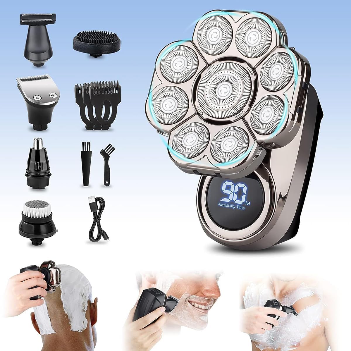 Bawldy 9.0 Shaver,Bawldy Pro Head Shaver, Bald Head Shavers for Men, 6-in-1 Detachable Head Shavers IPX7 Waterproof Intelligent Led Display (Silver-2) Beauty and Personal Care PBLUVEN