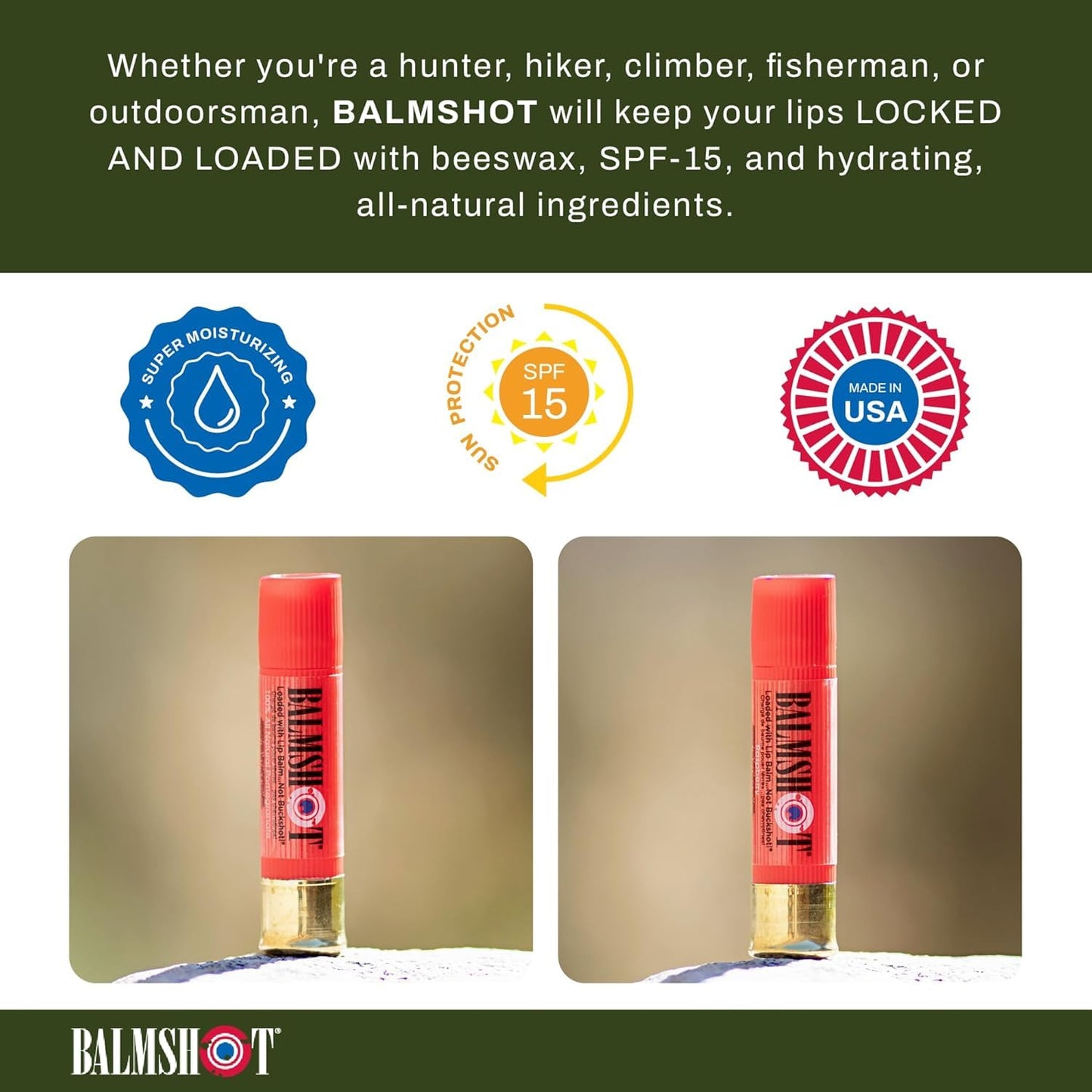 BALMSHOT Lip Balm 4-Pack - Fruit Combo Variety Pack - (2) Pomegranate & (2) Raspberry - SPF 15 Beeswax Formula - 20-Gauge Brass Shotgun Shell Tube Beauty & Personal Care Balmshot