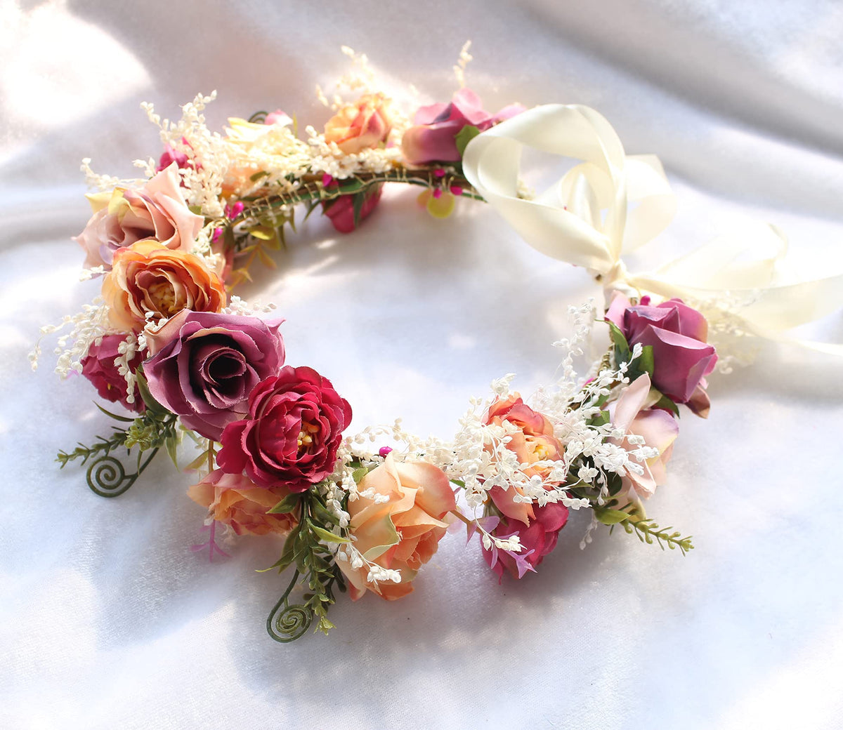 LLinfflr Rose Flower Crown Boho Headband Floral Halo Headpiece Rosy