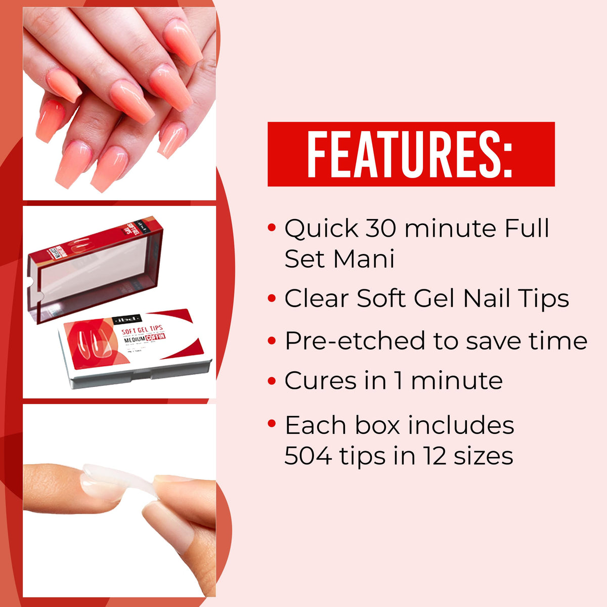 IBD Clear Soft Gel Nail Tips - Medium Coffin Shape, Pre-Etched Fake Nail Extensions for Durable and Easy Application, Acrylic Press On Nails, 504
