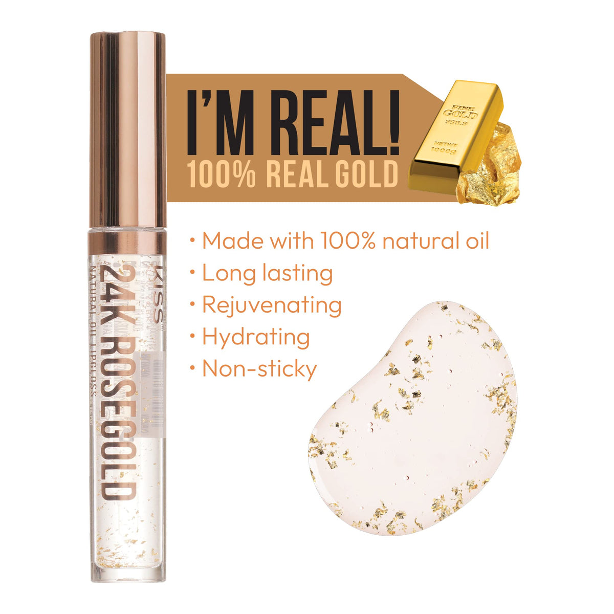 Kiss New York 3 PACK Lip Oil Gloss, Hydrating Non-Sticky Lip Oil, 100% Natural Oil Clear Lip Gloss, Lightweight Lip Moisturizer (Rosegold & Rosehip Beauty & Personal Care KISS NEW YORK