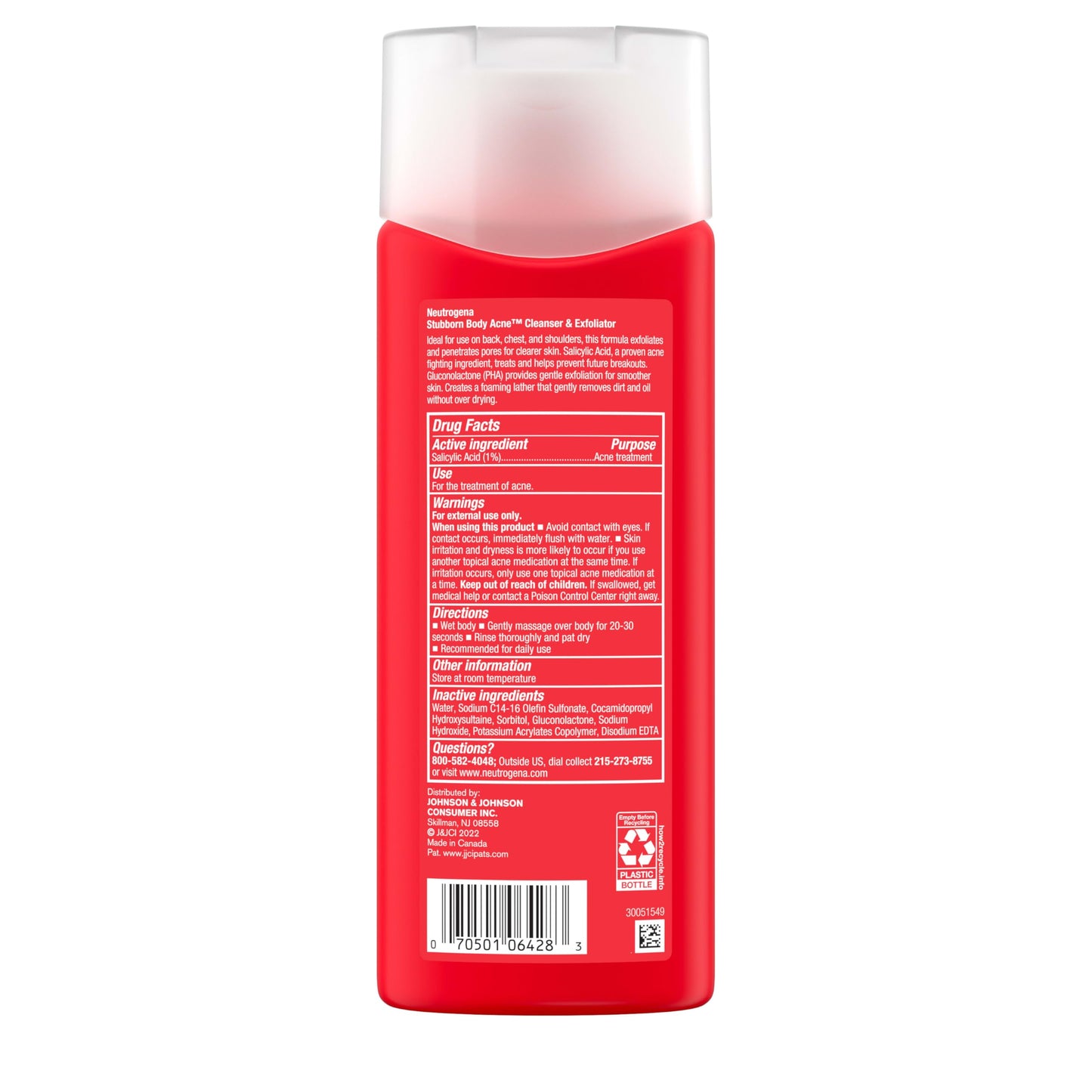 Neutrogena Salicylic Acid & PHA Stubborn Acne Body Wash, Exfoliating Cleanser Acne Treatment for Chest & Shoulder, Gently Clears, Exfoliates & Helps Beauty & Personal Care Neutrogena