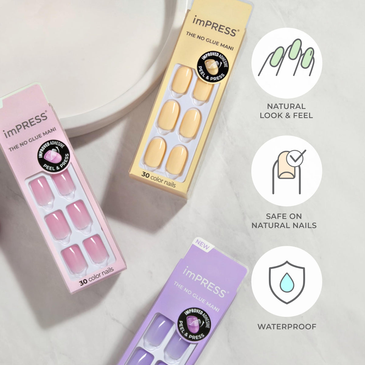 Kiss Impress Color Press-On Nails Polish-Free Manicure Set, ‘Frosting’, 30 Chip-Proof, Smudge-Proof Fake Nails