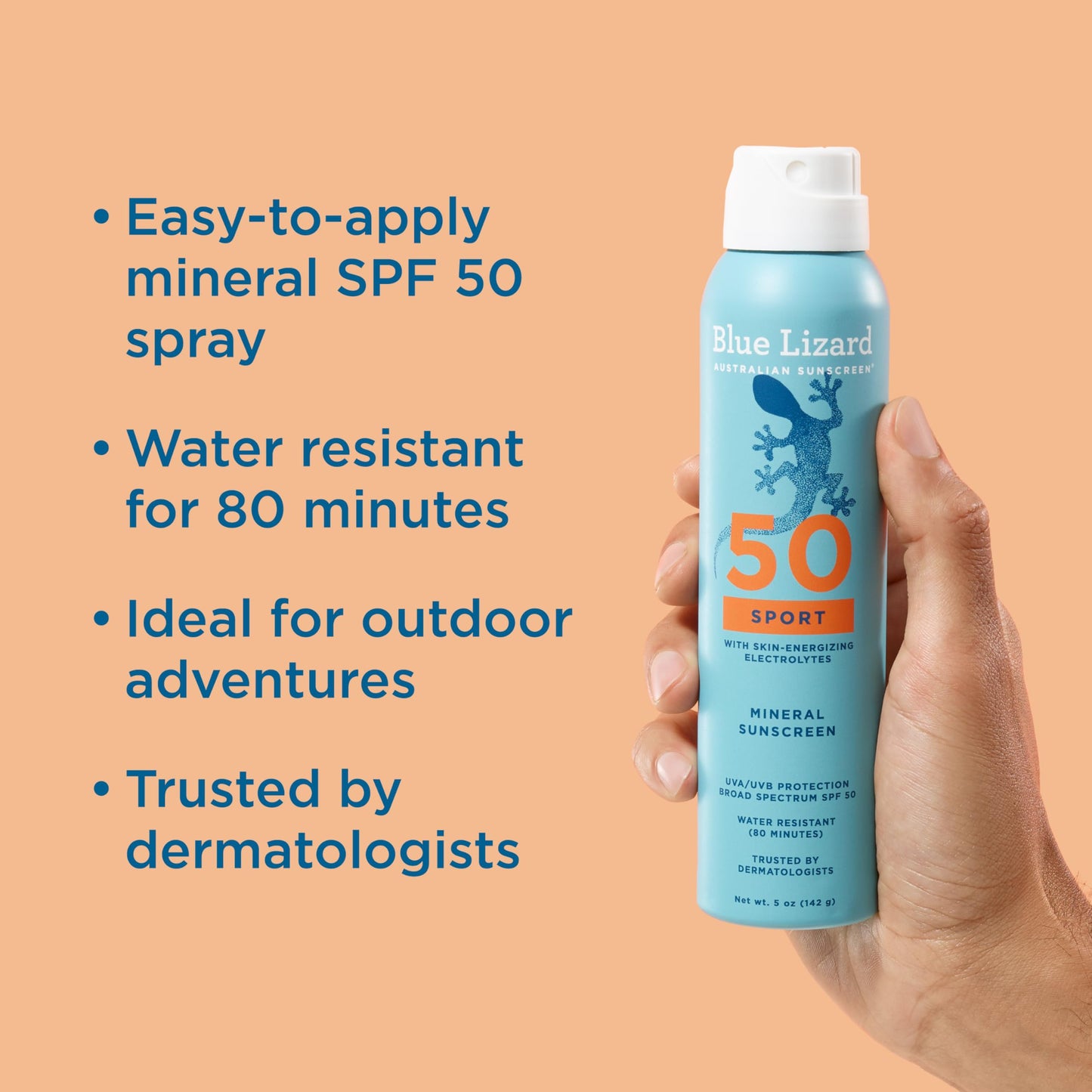 BLUE LIZARD Sport Mineral Sunscreen Spray SPF 50+, Dermatologist-Recommended Brand, Broad-Spectrum UVA/UVB Protection, Water-Resistant, Zinc Oxide Beauty & Personal Care BLUE LIZARD