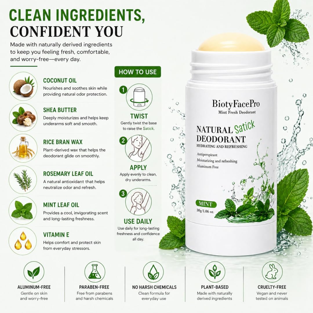 BiotyFacePro Natural Deodorant Stick - Aluminum-Free, Moisturizing & Refreshing, Long-Lasting Odor Protection, Travel size,(Mint) Beauty and Personal Care BIOTYFACEPRO SKINCARE