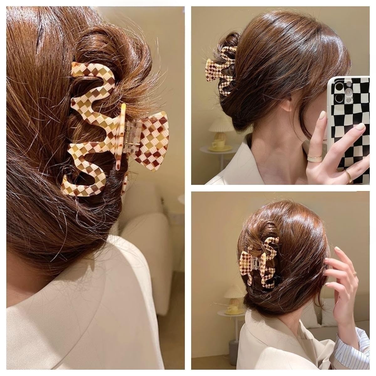 Large Tortoise Shell Claw Clip 3.5 Inch Cellulose Acetate Hair Claw Clips Checkered Hair Claw Clips French Design Hair Jaw Clamp for Women Ladies (2 Beauty & Personal Care Textention