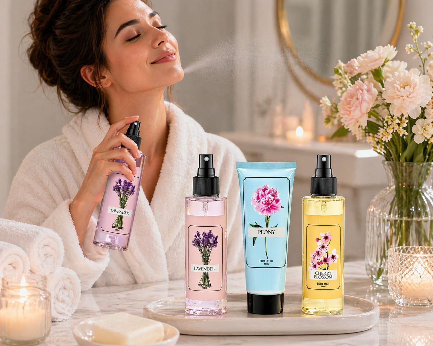 Cherry Blossom Lavender Peony Set - Mother's Day Spa Gift Basket for Mom, Luxury Bath & Body Set, Cherry Blossom, Lavender, Peony Scented Self Care Beauty and Personal Care Freida and Joe