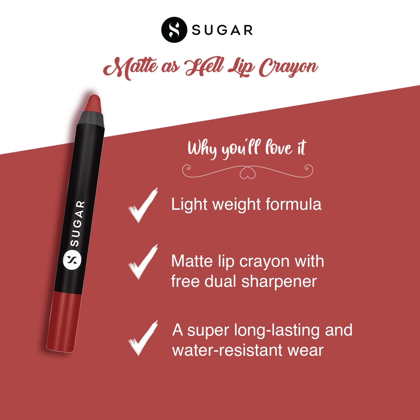 SUGAR Cosmetics Matte as Hell Crayon Lipsticks for Women Lasts Up To 8+ Hours Lip Crayon with Sharpener 2.8gm - 1 count (Pack of 1) 08 Jackie Brown Beauty & Personal Care SUGAR Cosmetics