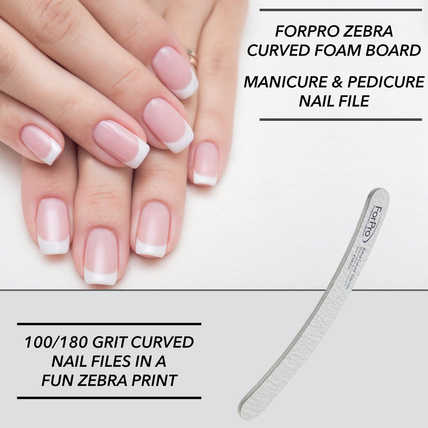 ForPro Professional Collection Zebra Curved Foam Board, 100/180 Grit, Double-Sided Manicure and Pedicure Nail Files, 7” L x .75” W, 50-Count Beauty & Personal Care ForPro Professional Collection