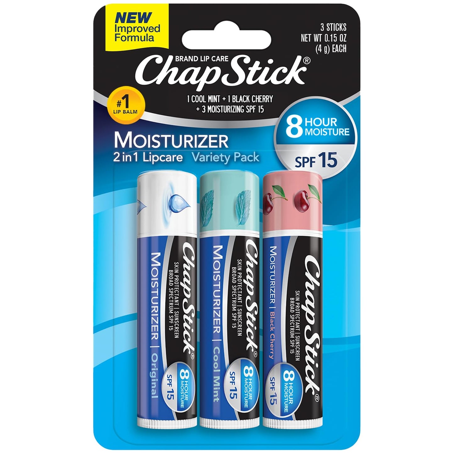 ChapStick Moisturizer 2-in-1 Lipcare SPF 15, Original, Black Cherry, Cool Mint, 3-Pack - Sunscreen Lip Balm with Aloe Vera and Vitamin E, 0.15 Oz Ea Beauty & Personal Care ChapStick