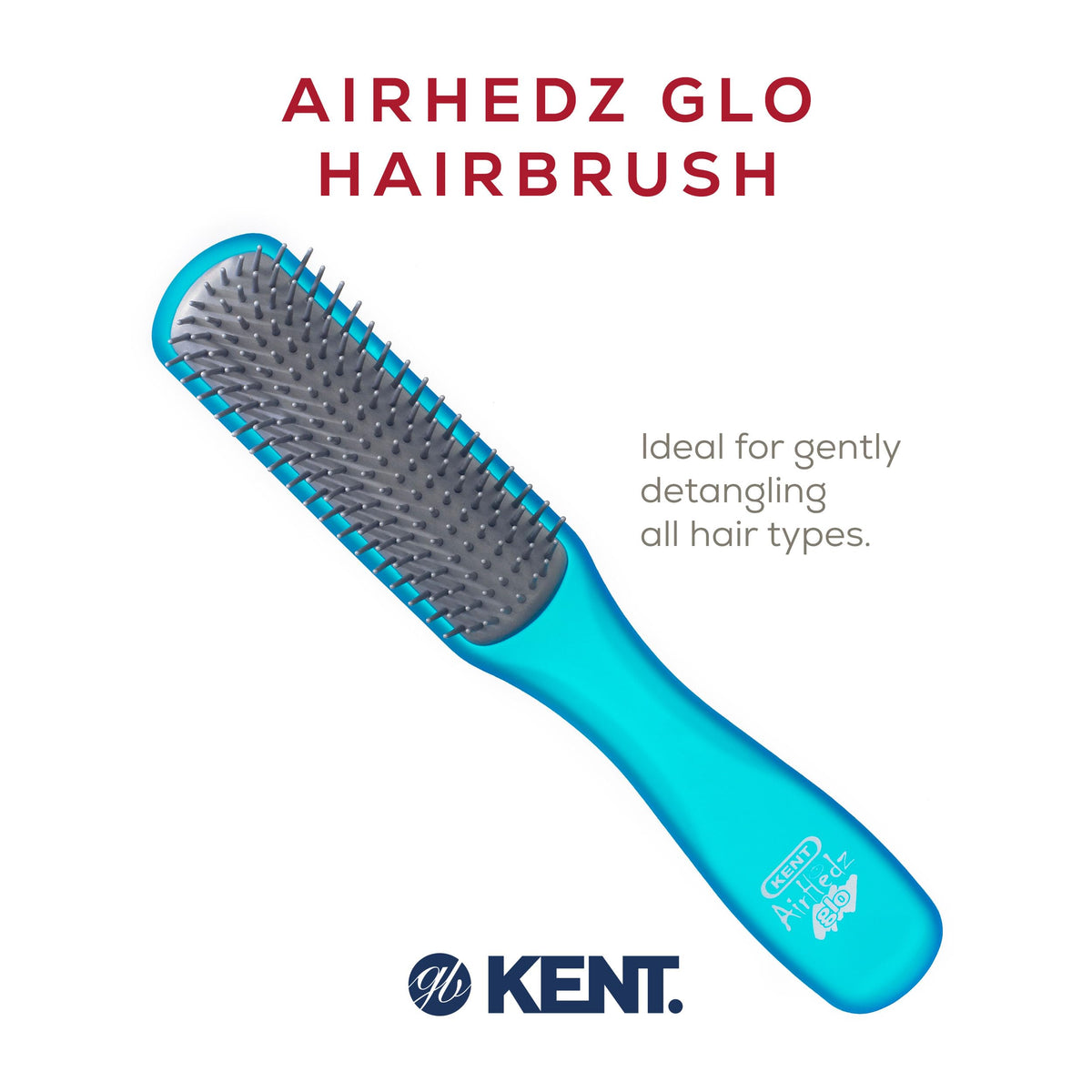 Kent AHGLO02 Airhedz Glo Blue Half Round Narrow Detangling Hair Brush - 9 Row Ionic Anti Static Non Scratch Long Nylon Bristle Great for Detangling