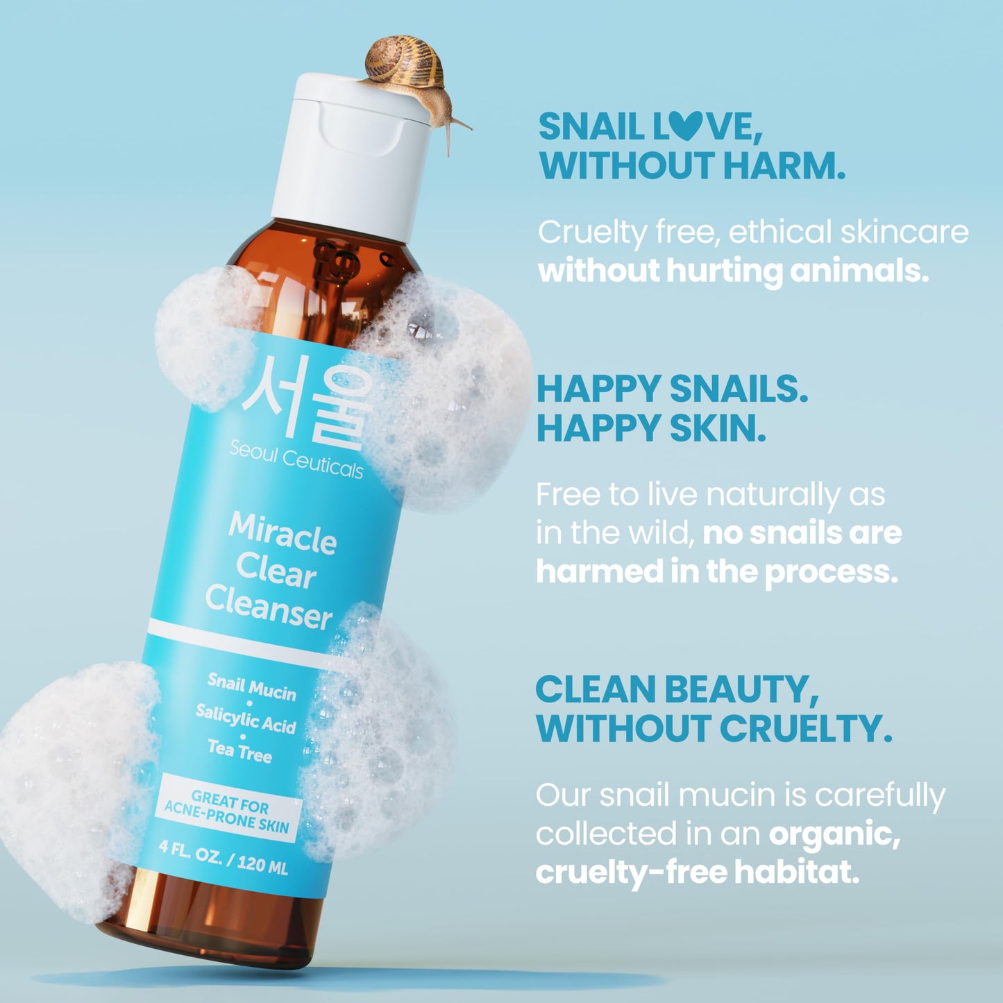 SeoulCeuticals Korean Acne Snail Cleanser Face Wash - Snail Mucin, Salicylic Acid & Tea Tree Acne Treatment for Sensitive Skin & K Beauty Glow 4oz Beauty & Personal Care SeoulCeuticals