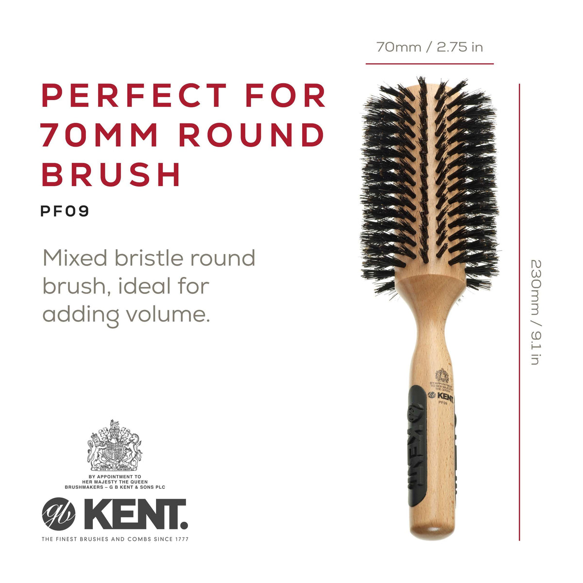 Kent PF09 Large Round Curling Brush with Hard Natural Boar Bristle - Hair Drying Brush and Blowout - Round Brushes for Dry Hair - For Shoulder Length