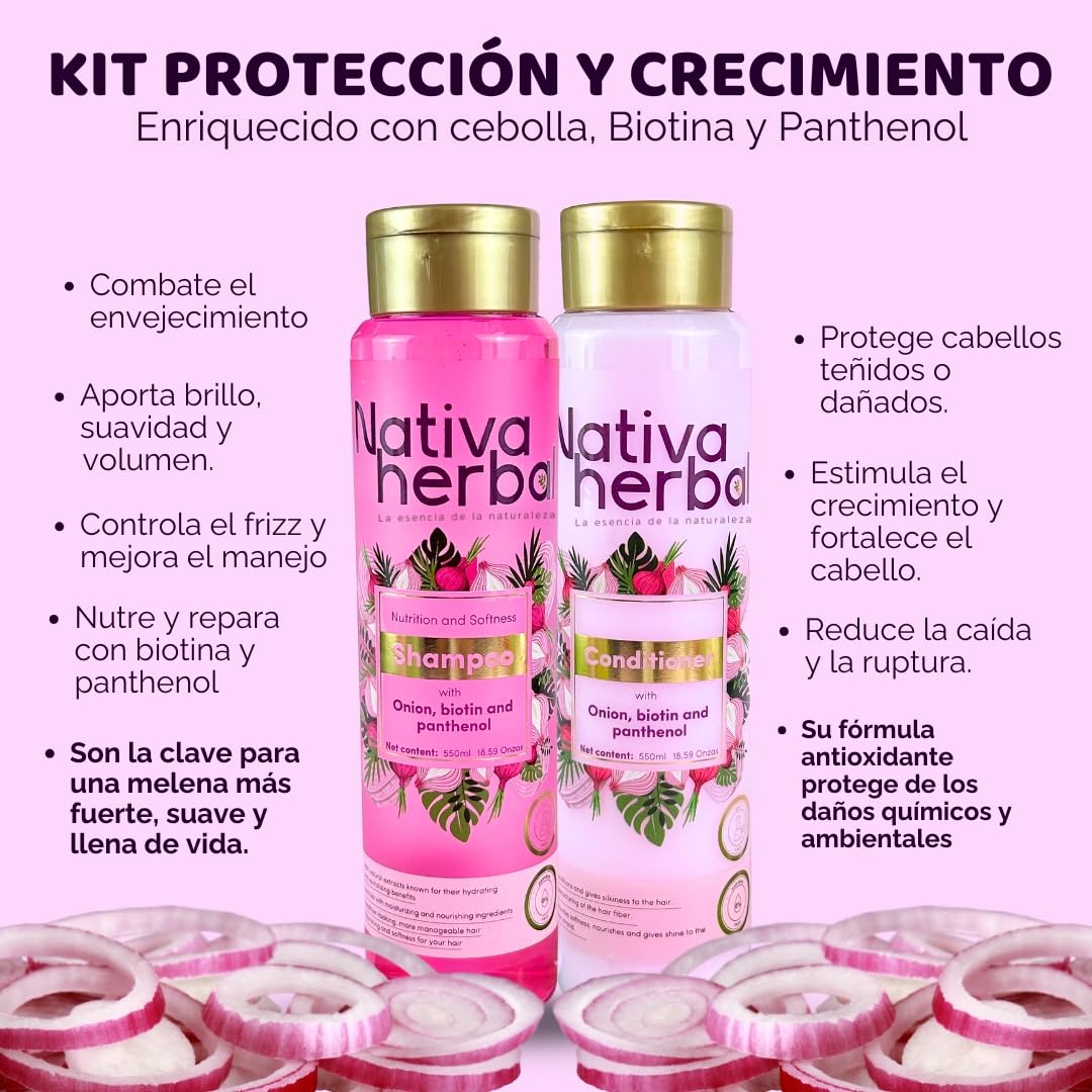 Nativa Herbal Onion shampoo and conditioner set with biotin and panthenol, natural growth formula, anti-frizz strengthening duo for thicker, stronger Beauty & Personal Care Nativa herbal