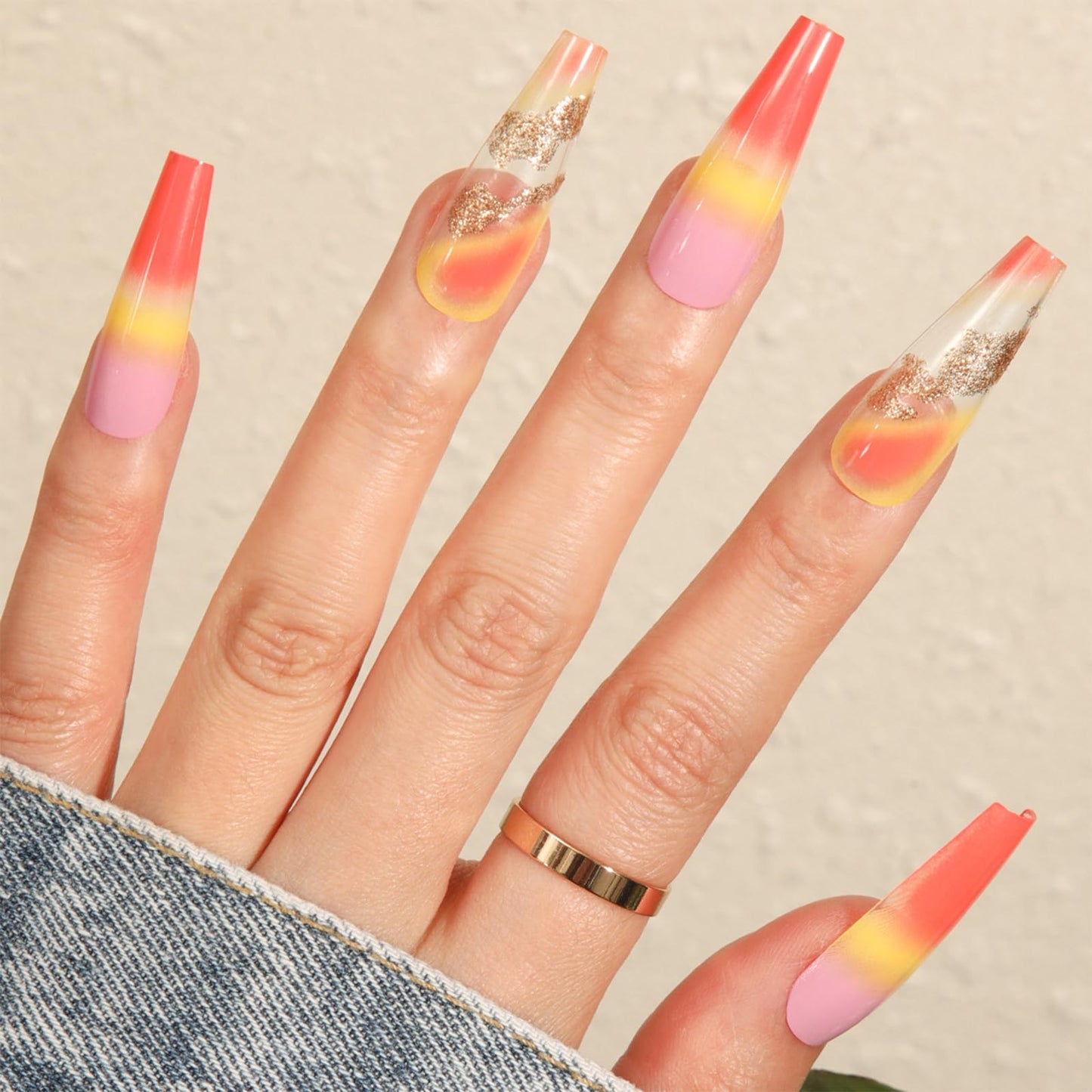 IMSOHOT Long Press on Nails Coffin French Tip Fake Nails Yellow Orange Gradient False Nails with Gold Foil Designs Clear Glossy Glue on Nails Beauty & Personal Care IMSOHOT