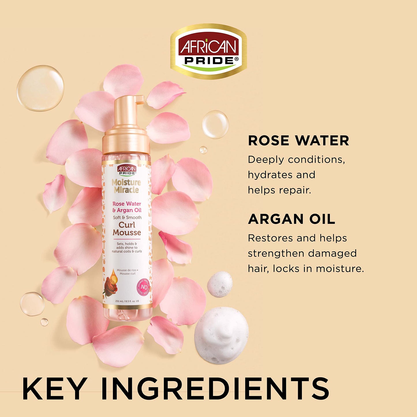African Pride Moisture Miracle Rose Water & Argan Oil Curl Hair Mousse, Flexible Hold, Enhances Curls, Creates Wave Patterns, No Residue, Deep Beauty & Personal Care African Pride