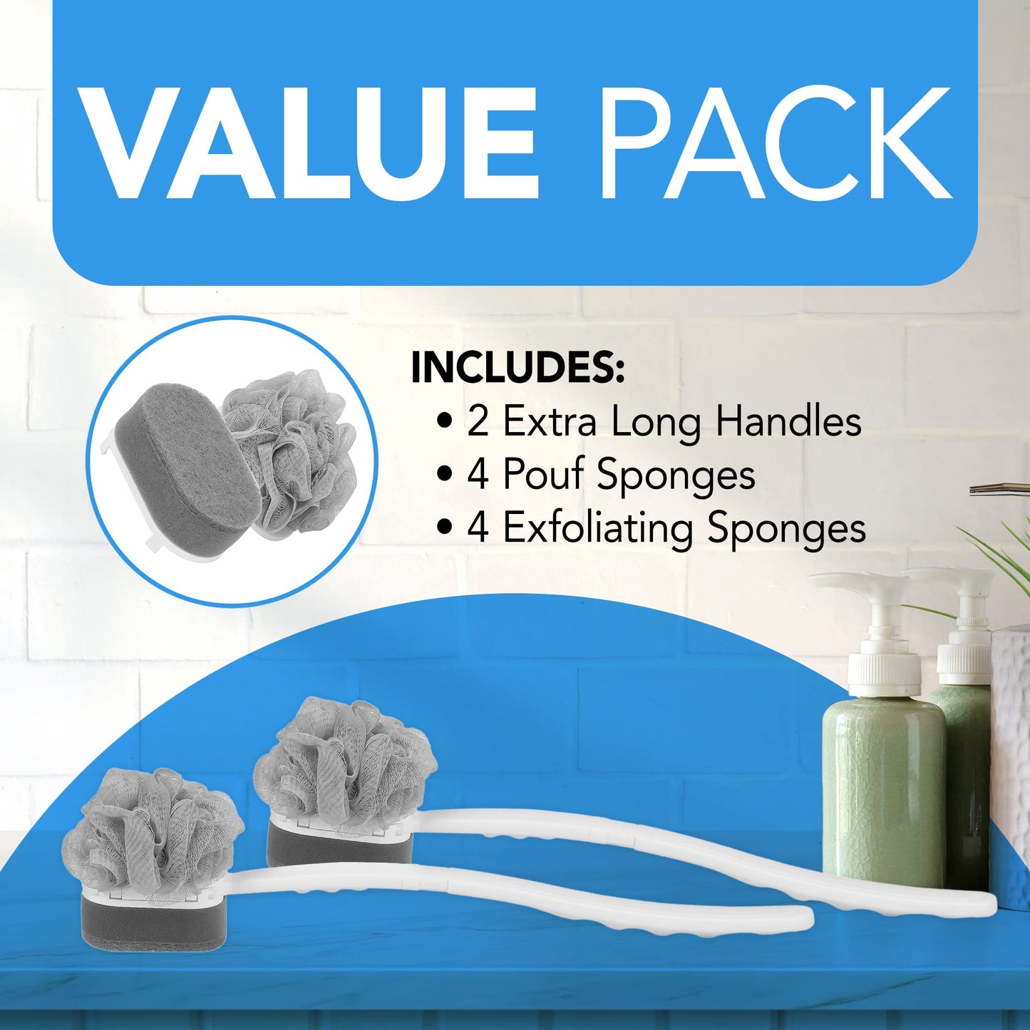 Impresa Extra Long Handle Shower Brush - Dual-Action Loofah & Exfoliating Sponge Body Scrubber - Ergonomic Grip Back Scrub Brush - Replacement Loofah Beauty & Personal Care IMPRESA