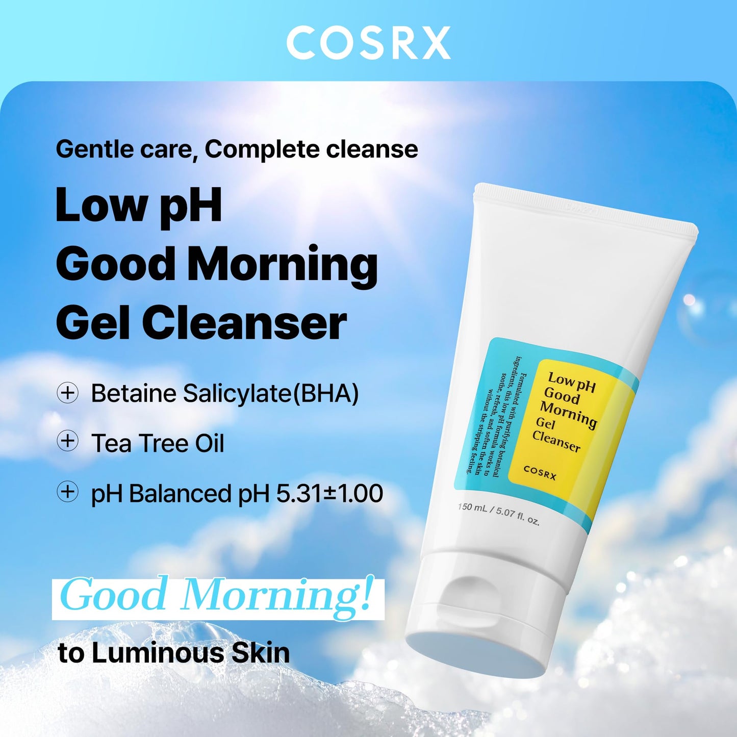 COSRX Low pH Good Morning Gel Face Cleanser, 5.07 fl oz, BHA Face Wash, Daily Mild Face Cleanser for Sensitive Skin, PH Balancing, Korean Skin Care Beauty & Personal Care COSRX