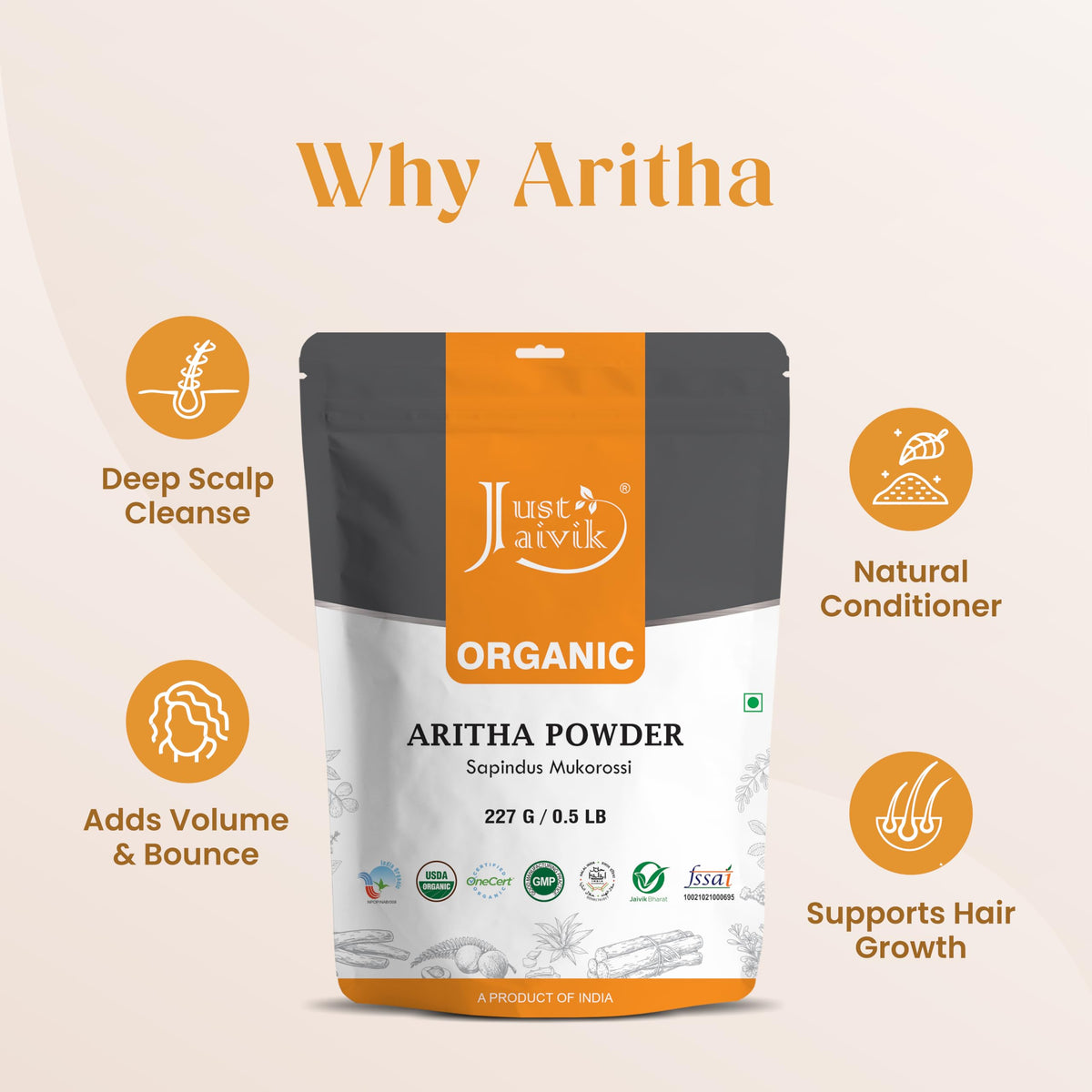 100% Organic Certified Aritha Powder (Soap Nut Powder) 227g /0.5 LB/ 08oz - Organic Hair Cleansing and Conditioning Product Beauty & Personal Care Just Jaivik
