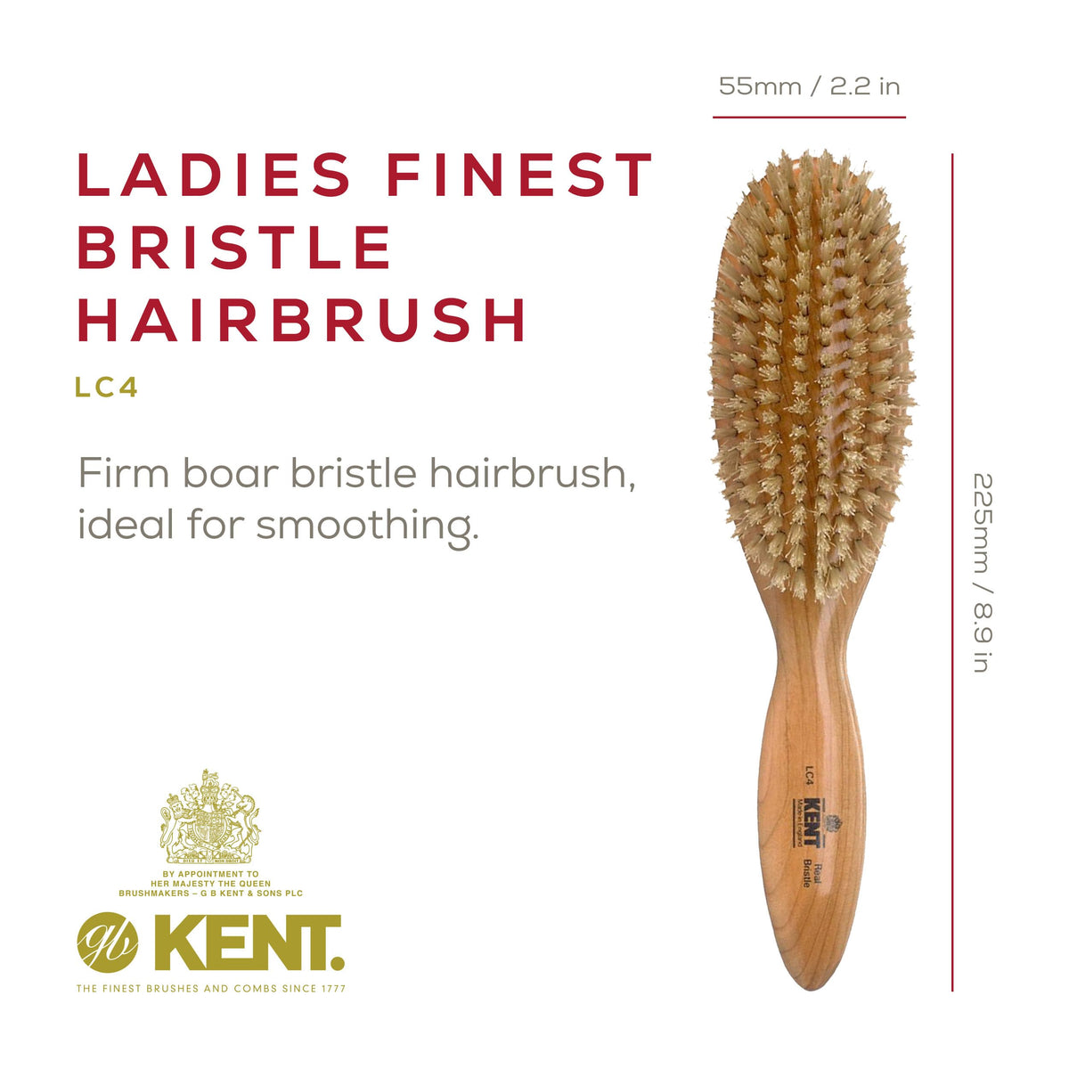 Kent LC4 Finest Detangler Brush, Cherrywood Oval Hairbrush with Boar Bristles for Medium to Thick Hair of All Lengths, Salon-Style Straightening Tool