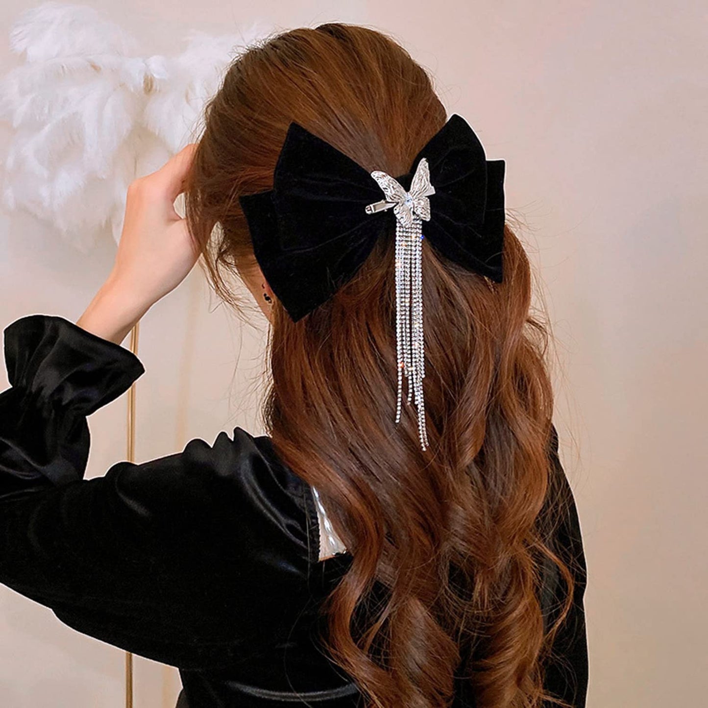Wekicici Butterfly Rhinestone Hair Clips with Tassel Barrettes and Huge Soft Bows for Women and Girls (Black) Beauty & Personal Care wekicici