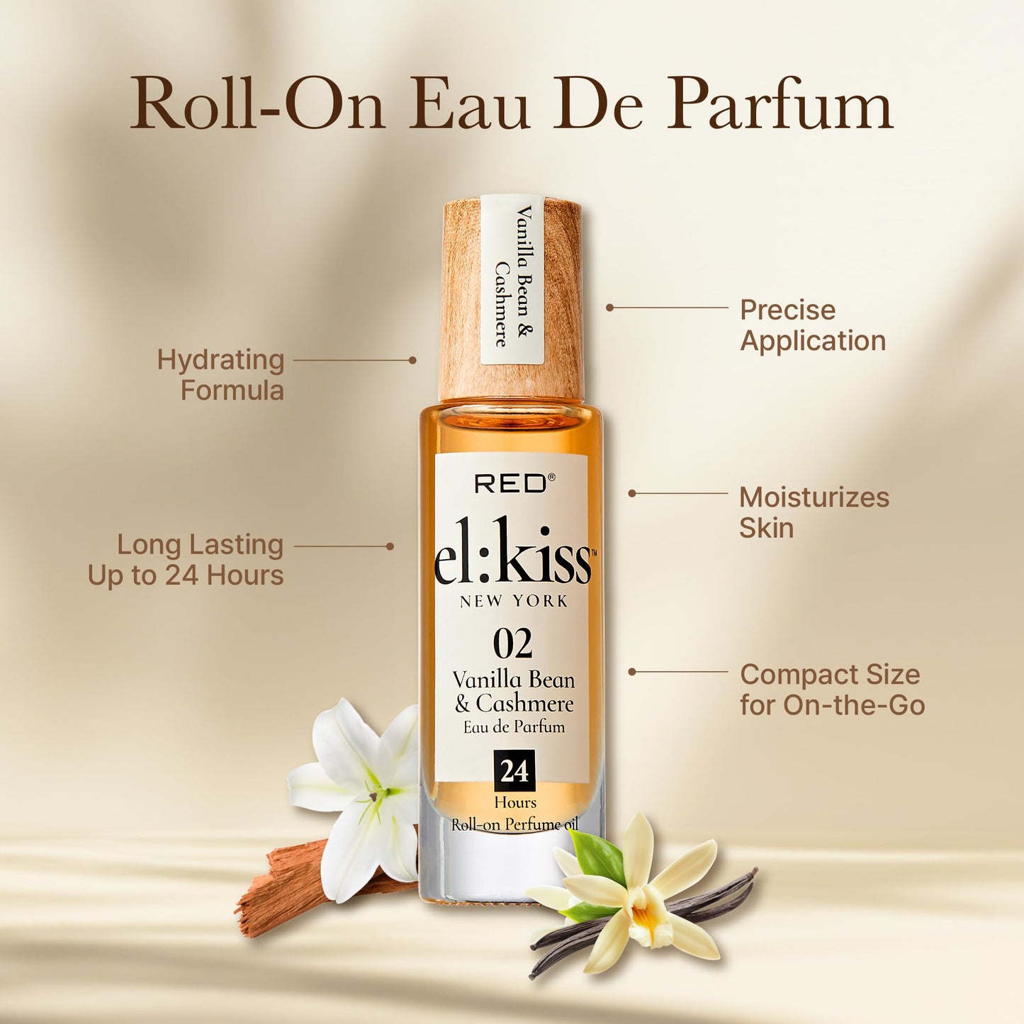 EL:KISS Roll On Perfume, Vanilla Bean & Cashmere Eau de Parfum 12mL (.40 Fl Oz), Hydrating & Long-Lasting, Alcohol-Free & Mineral Oil-Free, Infused Beauty & Personal Care EL:KISS