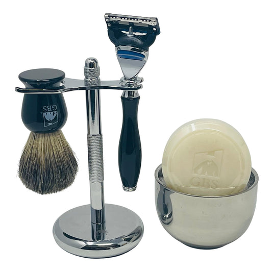 G.B.S Premium Shaving Set for Men - Pure Badger Brush, Fusion Compatible 5-Blade Razor with Weighted Ebony Handle, Natural Shave Soap, Chrome Stand Beauty and Personal Care G.B.S