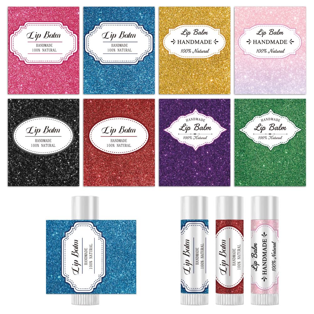 Peacoblue 160Pcs Lip Balm Labels Sticker for Tubes 2.1"x1.7" Various Sequins Glitter, 8 Styles Waterproof Chapstick Labels Glossy for Homemade Lip Beauty and Personal Care peacoblue