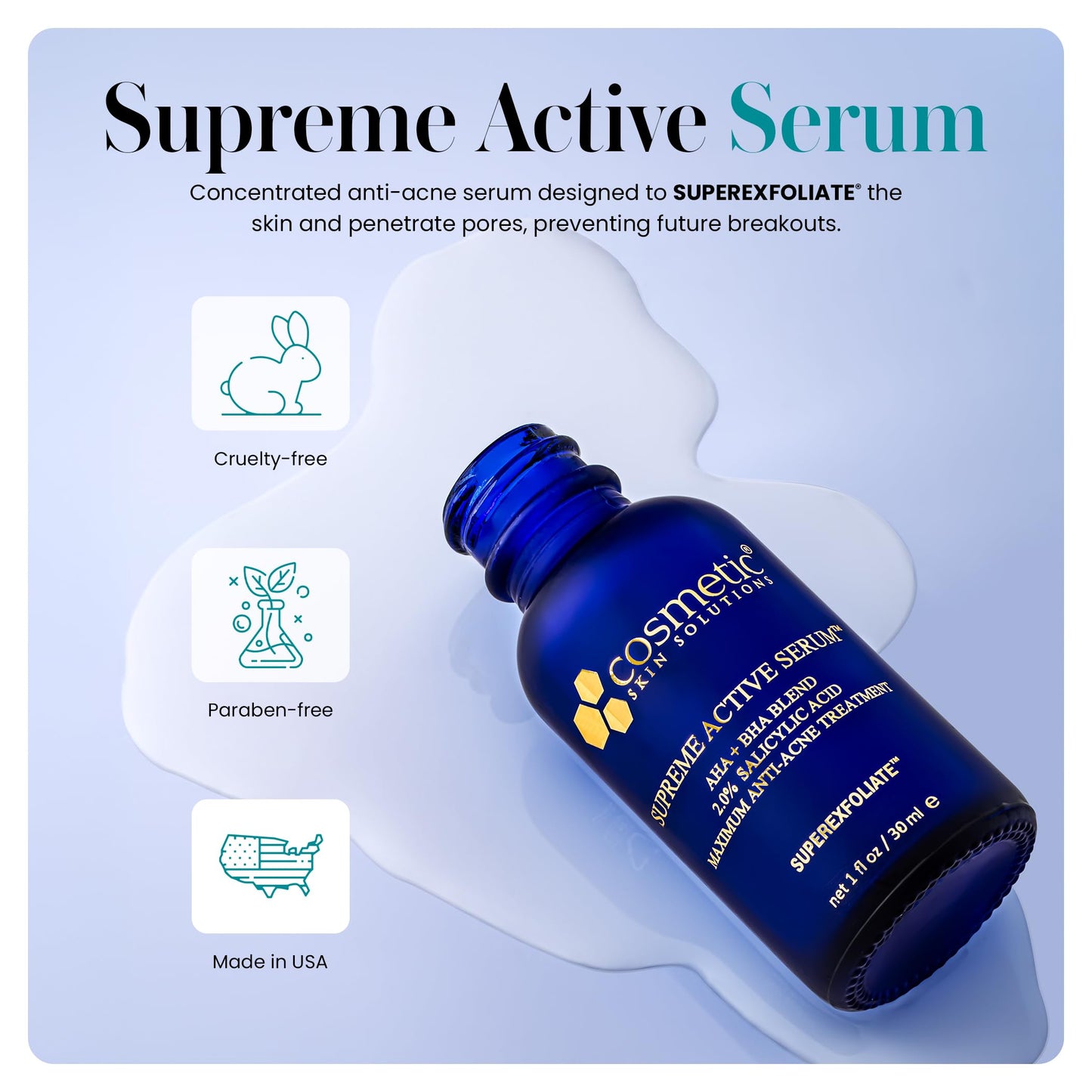 Supreme Active Serum - 2% Salicylic Acid AHA BHA Exfoliating Formula for Acne, Dark Spots & Uneven Texture - Clarifying Face Treatment for Clear Beauty & Personal Care Cosmetic Skin Solutions
