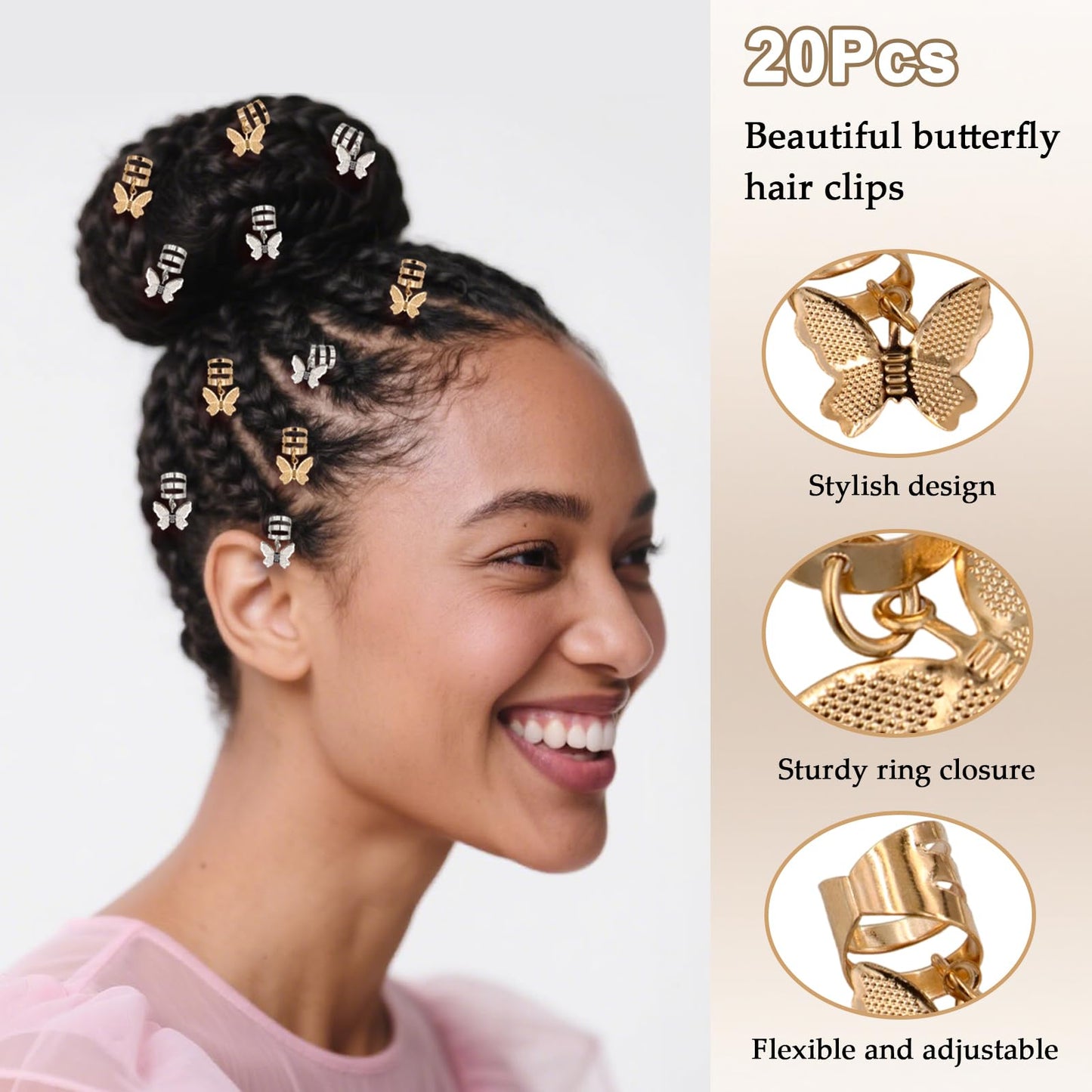 20Pcs Gold Silver Butterfly Cuffs for Women's Braids, Dreadlocks - Aluminum Rings, Adjustable Metal Clips, Hair Decorations Beauty & Personal Care Gaiett